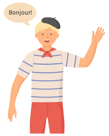 Young  french man in casual clothes say hello  Illustration