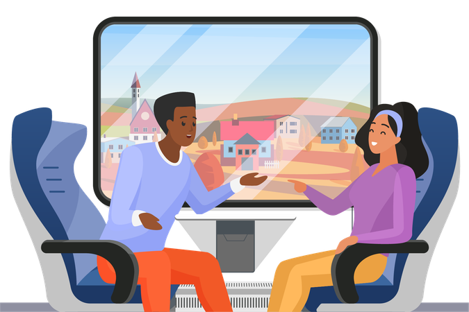 Young friends travel in train compartment and talk  Illustration