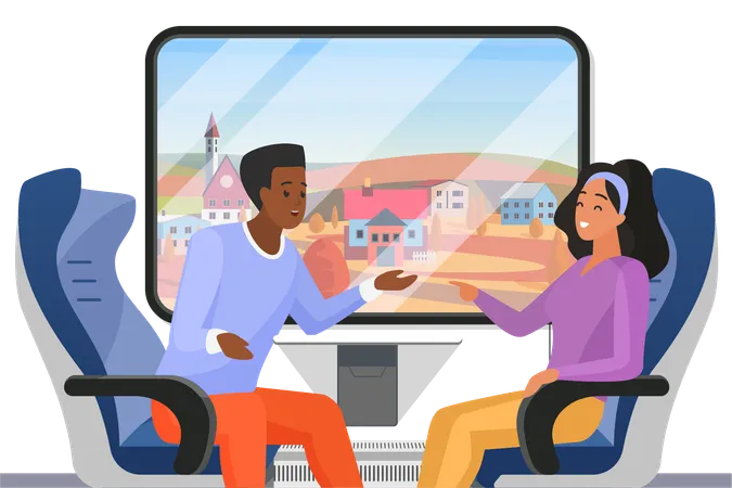 Couple Or Friends Travel In Train Compartment And Talk Positive Dialogue Between Young Man And Woman Passengers Sitting On Seats By Window In Railway Car Interior Cartoon Vector Illustration Illustration