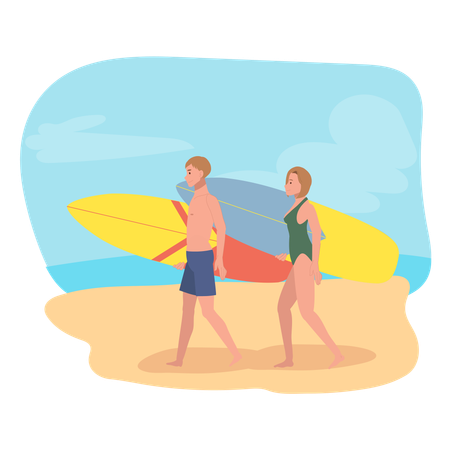 Young Friends with Surfboards  Illustration