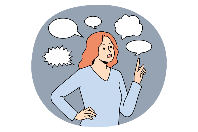 Young frustrated woman standing pointing at speech bubble above communicating thinking  Illustration