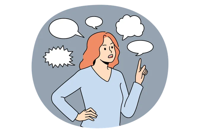 Young frustrated woman standing pointing at speech bubble above communicating thinking  Illustration