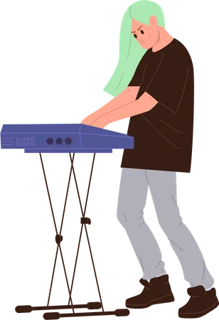 Young funky male musician playing rock music on synthesizer electric keyboard  Illustration
