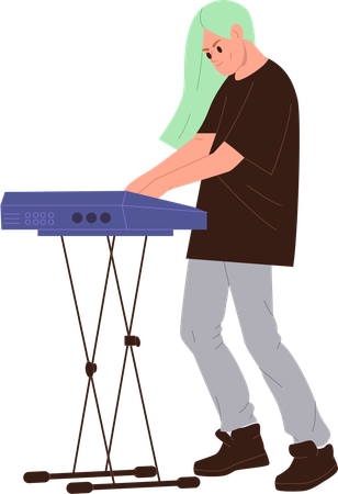 Young funky male musician playing rock music on synthesizer electric keyboard  Illustration