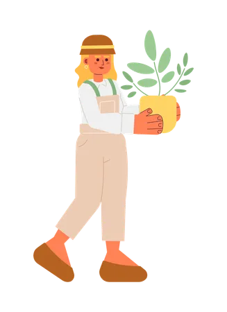 Young Gardener Semi Flat Color Vector Character Editable Full Body Woman Holding Houseplant In Ceramic Pot On White Simple Cartoon Spot Illustration For Web Graphic Design Illustration