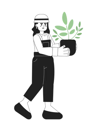 Young Gardener Monochromatic Flat Vector Character Editable Thin Line Full Body Woman Holding Houseplant In Ceramic Pot On White Simple Bw Cartoon Spot Image For Web Graphic Design Illustration
