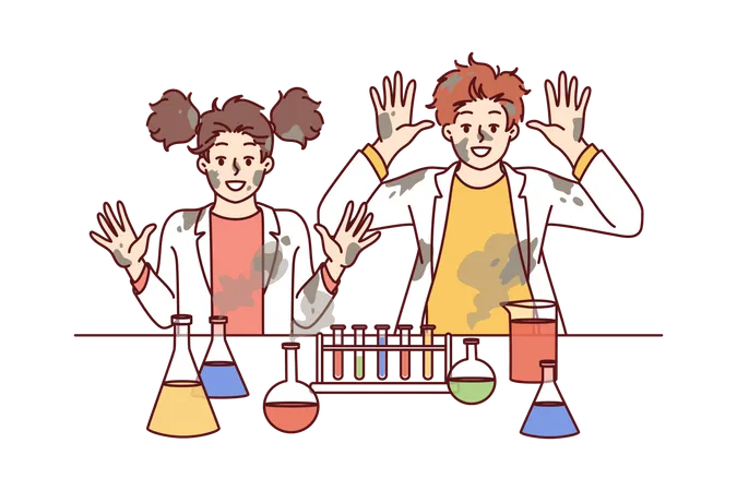 Young girl and boy doing chemical experiment  Illustration