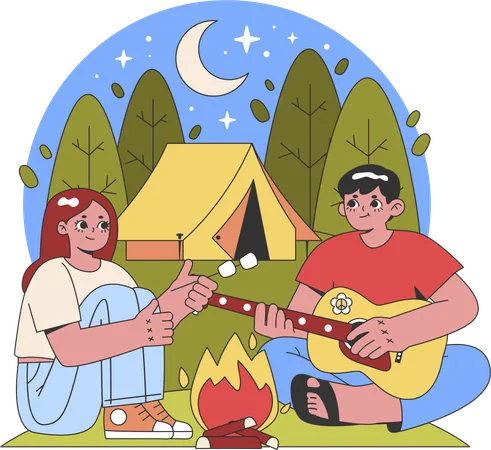 Young girl and boy enjoying camping  Illustration