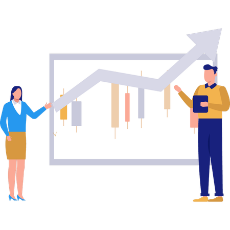 Young girl and  boy standing business chart  Illustration