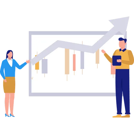 Young girl and  boy standing business chart  Illustration