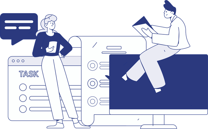 Young girl and boy taking Online class  Illustration