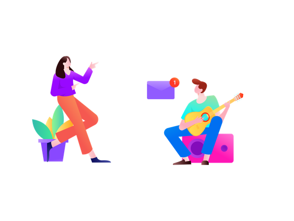 Young girl and guitar player looking unread mail  Illustration