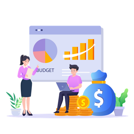 Young Girl And Man Doing Budget Planning And Financial Management  Illustration
