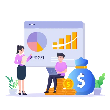 Young Girl And Man Doing Budget Planning And Financial Management  Illustration