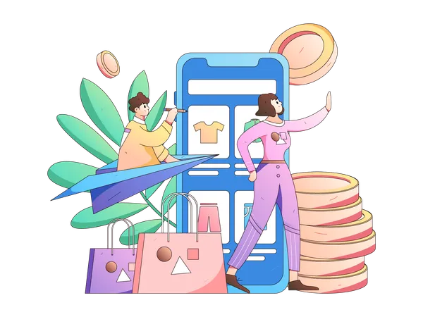 Young girl and man doing mobile shopping  Illustration