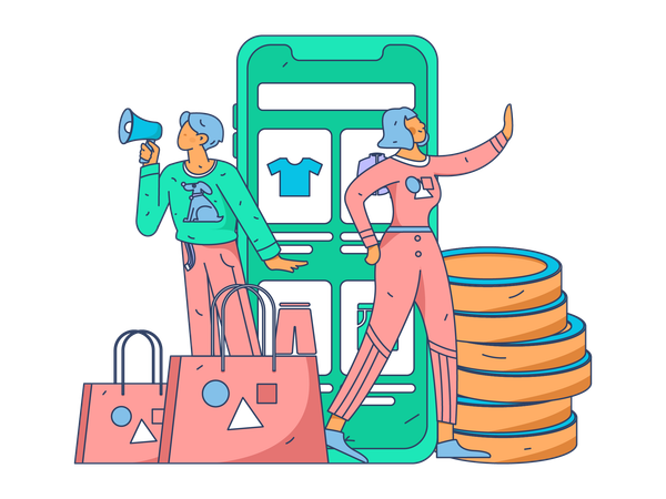 Young girl and man doing mobile shopping  Illustration