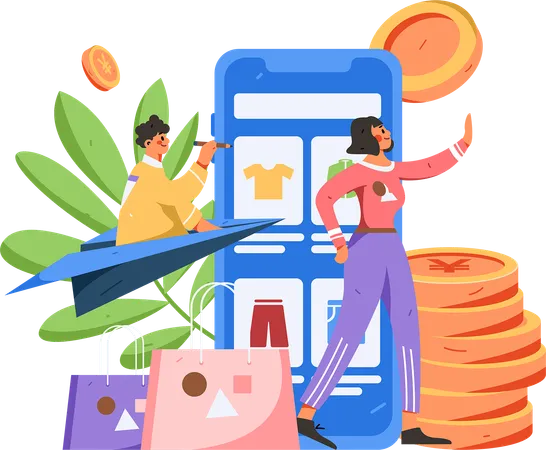 Young girl and man doing mobile shopping  Illustration