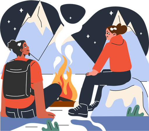 Young girl and man enjoying campfire during hiking  Illustration