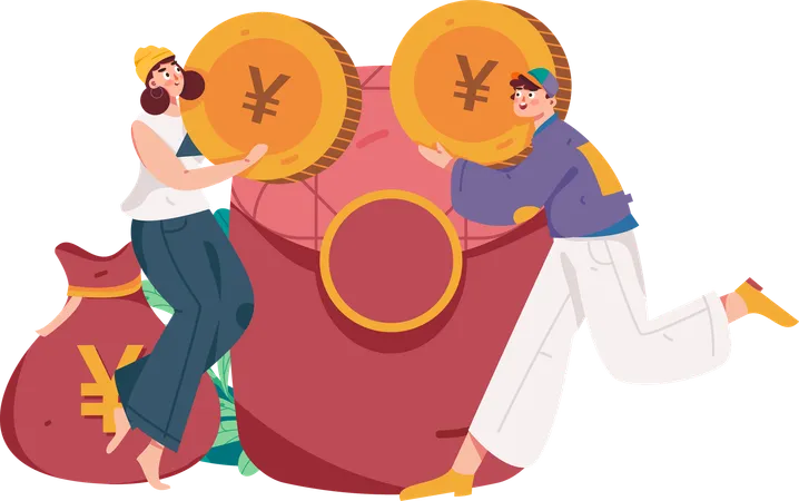 Young girl and man holding yen coin  Illustration