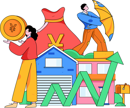 Young girl and man invest money in property  Illustration