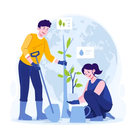 Young girl and man planting plant on earth day Illustration
