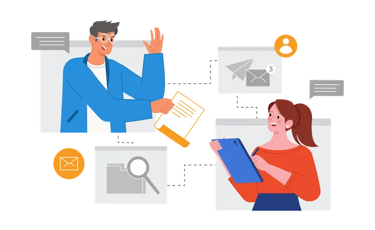 Young girl and man sharing business data for Digital Presentation  Illustration