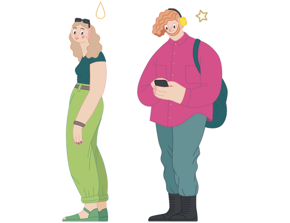 Young girl and man standing in queue Illustration