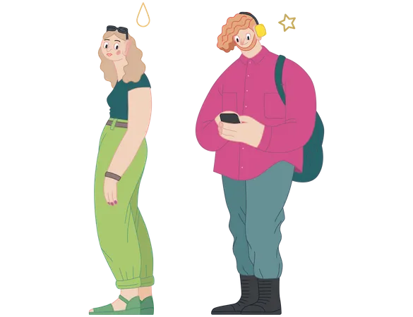 Young girl and man standing in queue Illustration