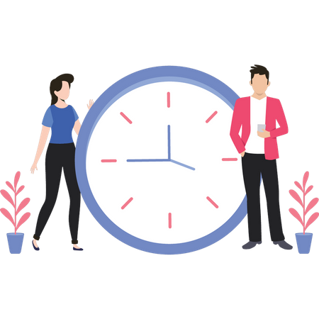 Young girl and man standing with clock  Illustration