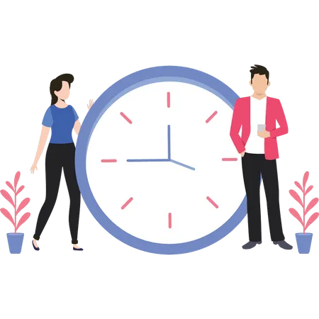 A Boy And A Girl Are Standing Next To A Time Clock Illustration