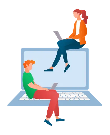 Young girl and man working on laptop  Illustration