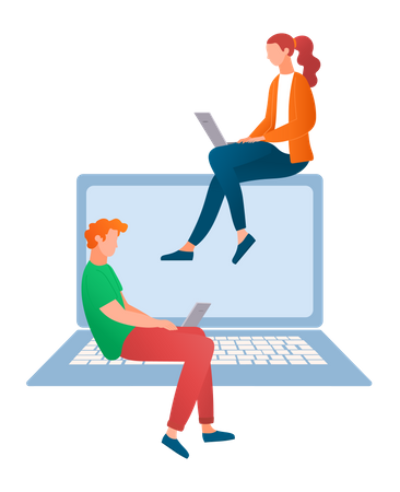 Young girl and man working on laptop  Illustration