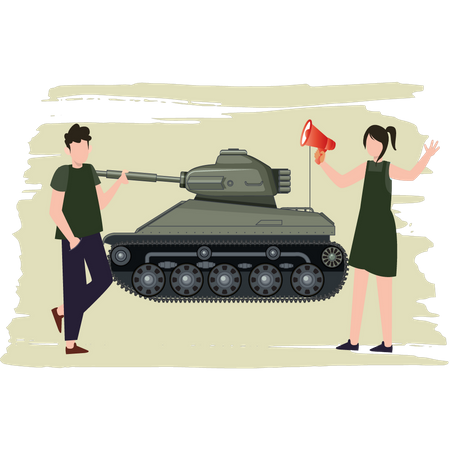 Young Girl Announcing At Military Tank Through A Megaphone Illustration