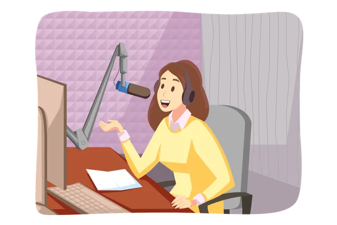 Young girl blogger radio host sits at studio speaking in microphone  Illustration