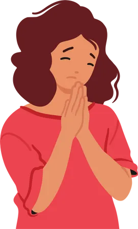 Young Girl Bows In Prayer Her Eyes Closed And Hands Clasped Seeking Solace And Connection In A Moment Of Reflection Female Character Praise God Cartoon People Vector Illustration Illustration