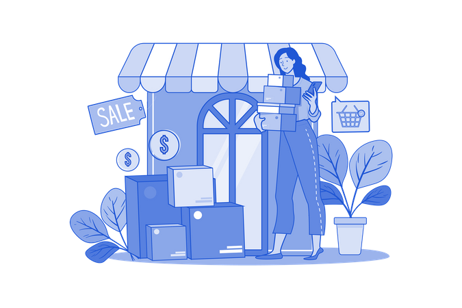 Young girl buying and selling goods online  Illustration