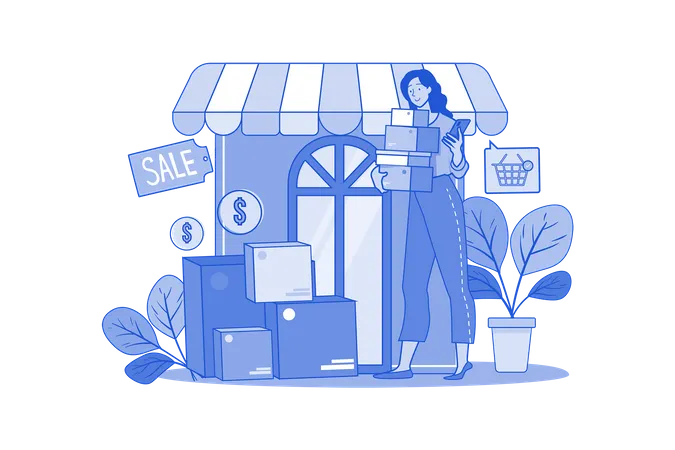 Young girl buying and selling goods online  Illustration