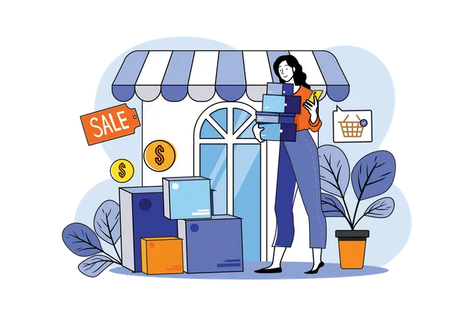 Young Girl Buying And Selling Goods Online  Illustration