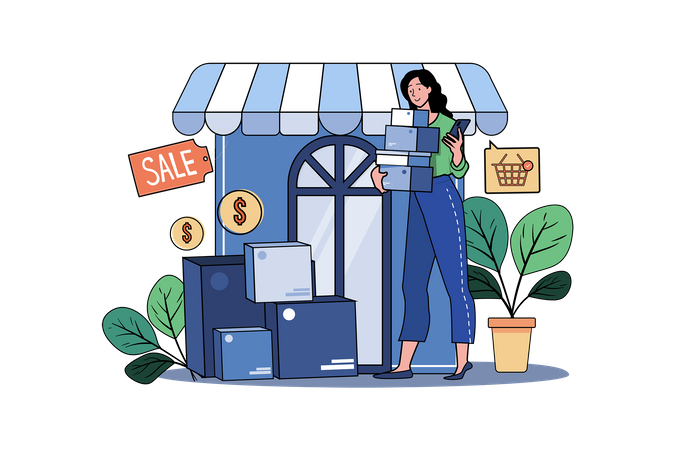 Young Girl Buying And Selling Goods Online Illustration