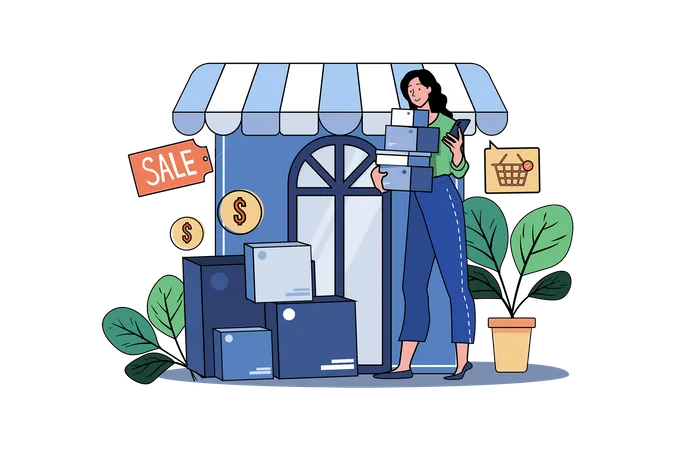 Young Girl Buying And Selling Goods Online Illustration