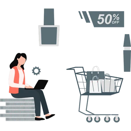 Young girl buying cosmetics online  Illustration