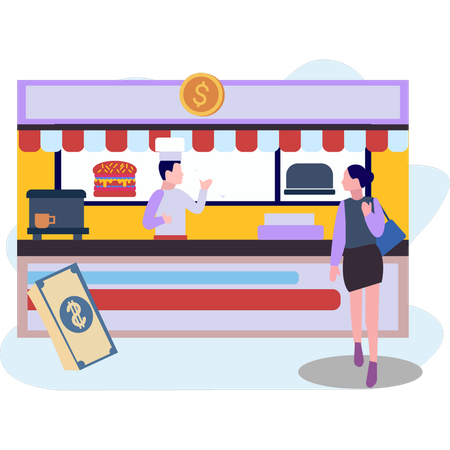 Young girl buying fast food from stall  Illustration