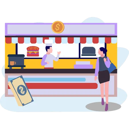 Young girl buying fast food from stall  Illustration
