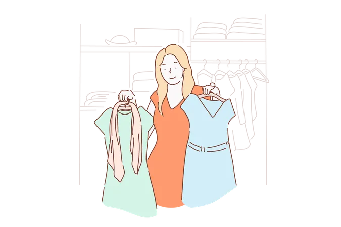 Shopping Fashion Dress Clothes Concept A Young Girl Chooses Measures Sells Or Buys Fashion Dresses At A Clothing Store Or Home Vector Flat Design Illustration
