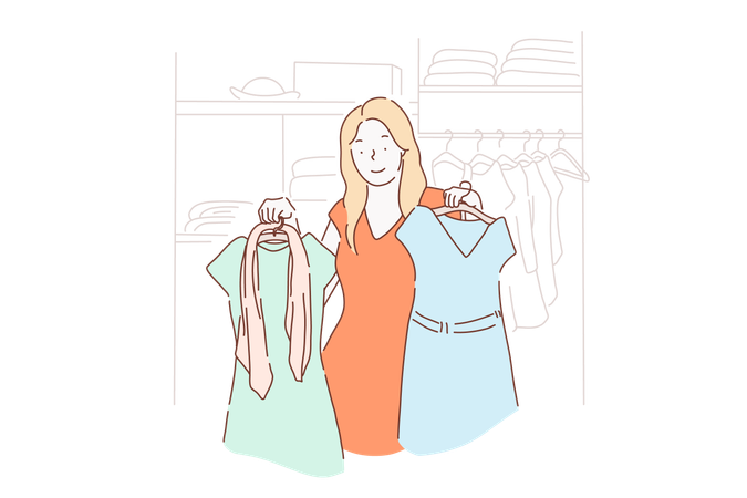 Young girl buys fashion dresses at clothing store  Illustration