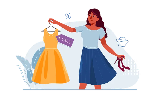 Young girl buys new dress and shoes while shopping  Illustration