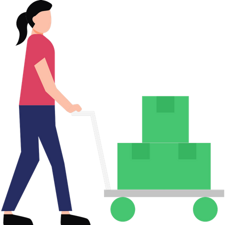 Young Girl Carrying Trolley Of Boxes  Illustration