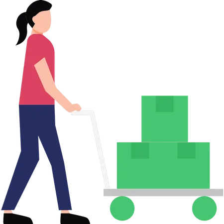 Young Girl Carrying Trolley Of Boxes  Illustration