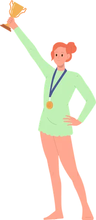 Young Happy Sportswoman Gymnast Cartoon Character Wearing Golden Medal For First Place Celebrating Success And Victory Holding Goblet Cup Trophy Reward Vector Illustration Isolated On White Background Illustration