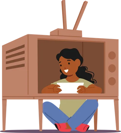 Young Girl Character Broadcasting News Imagine Herself As An Anchorman In Cardboard Tv Set Exudes Charm A Delightful Play Of Innocence Within A Makeshift Studio Cartoon People Vector Illustration Illustration